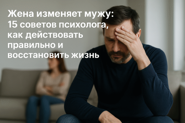 Мужчина в стрессовом состоянии сидит на диване, на заднем плане жена отводит взгляд; поверх изображения текст «Жена изменяет мужу: 15 советов психолога».