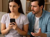 ара сидить на дивані, чоловік підозрює зраду та намагається зрозуміти, чи бреше йому дівчина — ознаки жіночої невірності.